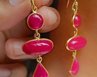 Ruby Drop Dangle Earrings, 925 Sterling Silver Gold Plated Earrings, Ruby Gemstone Earrings, Handmade Statement Jewelry, Gift For Her