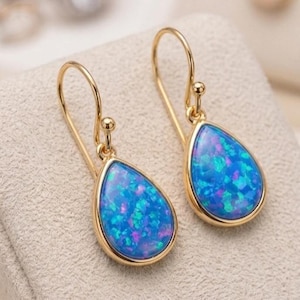 Örhängen med blå opal, 18K guldpläterat sterlingsilver, smycken med franska krokar
