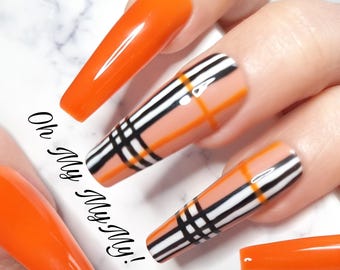 Juego de FRANELA/Uñas a cuadros naranjas/Uñas otoñales/Uñas elegantes, uñas postizas de lujo/Uñas de gel personalizadas/Uñas postizas/Regalo para ella
