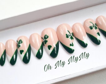 CLOVER FRENCH TIP Press-on Nails| Saint Patrick'S Day Nails| Spring Summer nails |Hand painted Green Nails| Glue On Nails| Gift for her