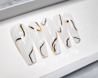 GOLDEN MARBLE Press-on Nails Set| Milky jelly white Nails|Glue on nails| False nails| Swirl nails | Abstract Fake nails| Gift for her