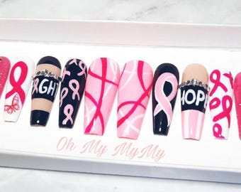 Ensemble de clous à presser RUBAN ROSE| Les ongles du mois de la sensibilisation au cancer du sein | Ongles roses noirs | colle sur les ongles | faux ongles en strass | cadeau pour elle