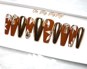 BROWN SEASON Press-on nails| False Nails| Fake Nails| Hand painted| Glitter nails| Gold chrome nails| Fall nail| Glue On Nails| Gift for her