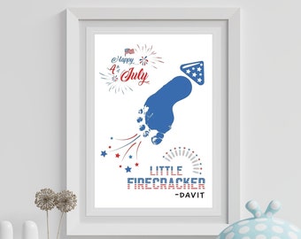 Kleine Feuerwerkskörper Fußabdruck Kunst, 4. Juli Fußabdruck Handwerk, druckbar, Kinder Baby Kleinkind Andenken Memory Craft DIY Karte, Karte personalisieren