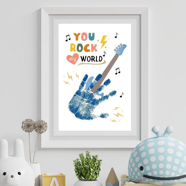 You Rock My World Guitar Handprint Art Craft, Birthday Gift, Fathers Day, Grandparents Day, Kids Baby Toddler, Keepsake Craft DIY Card