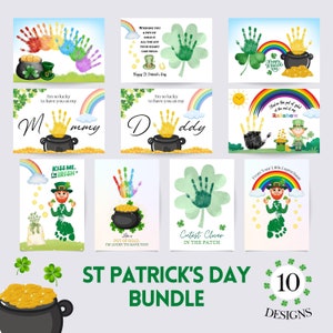 St Patricks Day Handprint Footprint Art Craft Bundle, Daddy Mommy, Clover Leprechaun Rainbow Craft for Baby Toddler Kids, Keepsake, DIY Card