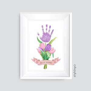 Hallo lente, bloem handafdruk kunst ambacht, Pasen, lente tulp handafdruk ambacht voor kinderen baby peuter, herinnering aandenken, DIY kaart, afdrukbaar