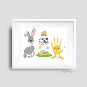 Arte de pegada de Páscoa com pegada de mão, artesanato de coelhinho da Páscoa para bebês e crianças pequenas, lembrança de memória, cartão faça você mesmo, para impressão