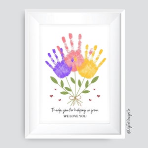 Merci de nous avoir aidés à grandir, nous vous aimons, créations artistiques empreintes de main de fleurs pour enfants, bébé tout-petit, souvenir, carte à faire soi-même, cadeau pour mère