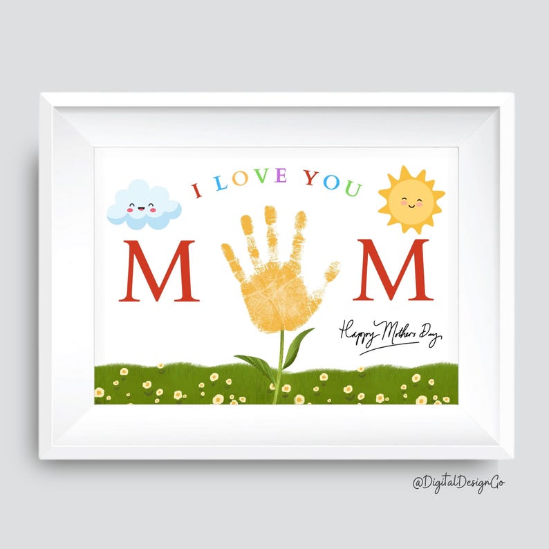 Mother's Day Handprint Craft, I Love You Mom, Happy Mothers Day, Mom Flower Handprint Craft for Kids Baby Toddler, Memory Keepsake, DIY Card image 1
