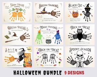 May include: A Halloween bundle featuring nine unique designs. Each design showcases handprint art with spooky themes like witches, black cats, and trick-or-treating. Text includes phrases like "Hocus Pocus" and "Spooky Season."