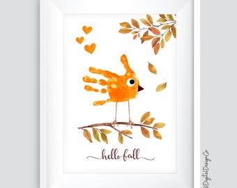 Fall Handprint Art / Hello Fall / Autumn Season / Bird Handprint Craft / Kids Baby Toddler / Memory Keepsake / DIY Card / Printable