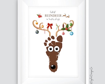 Christmas Reindeer Footprint Art Craft, Kids Baby Toddler, DIY Keepsake, Xmas Gift, Printable