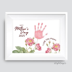 Feliz Dia das Mães, Eu te amo, mãe, Artesanato com impressão de mão de rosa, Artesanato DIY fácil, Crianças, Bebês e Crianças Pequenas, Lembrança de Memória, Presente para a Mãe, Para Imprimir