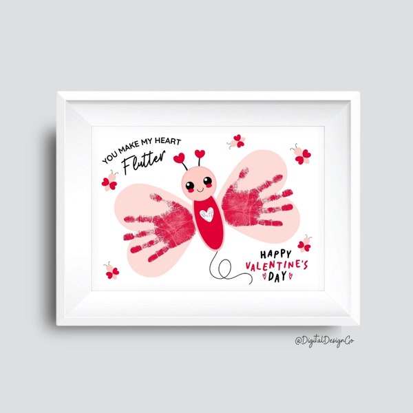 Papillon Handprint Art Craft, Happy Valentine's Day, You Make My Heart Flutter, DIY Craft for Kids Baby Toddler, Memory Keepsake, Imprimable