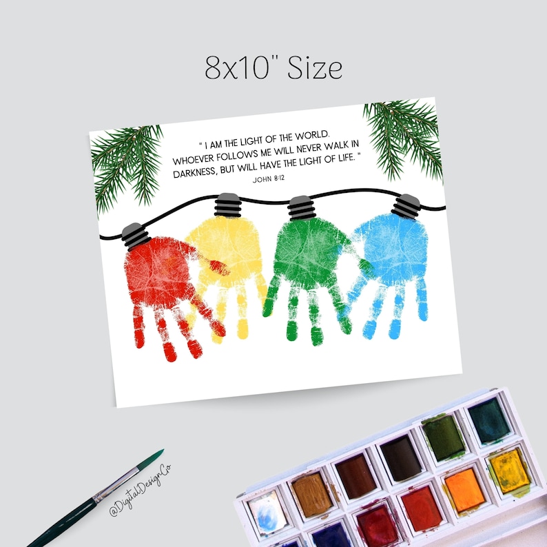 May include: A white print with colorful handprint light bulbs, each a different color: red, yellow, green, and blue. The print includes the text "I AM THE LIGHT OF THE WORLD..." and is 8x10 inches in size. A watercolor paint set and brush are in the image.