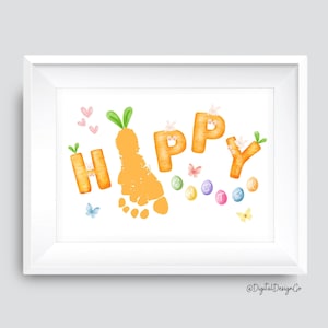Frohes Hoppy Ostern Fußabdruck Kunst Handwerk, Karotte Fußabdruck Handwerk, Baby Kleinkind, Erinnerung Andenken, DIY Geschenkkarte, Ostern Aktivität, Printable