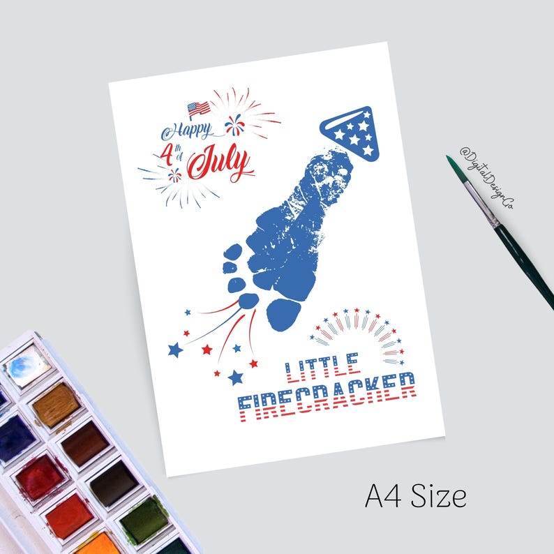 May include: A white printable card with a blue footprint, red and blue stars, and the text "Happy 4th of July" and "Little Firecracker".