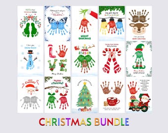May include: A set of 10 printable Christmas cards featuring handprint art. The cards feature various Christmas themes, including a snowman, a reindeer, a Christmas tree, and Santa Claus. The cards are perfect for adding a personal touch to your holiday greetings.