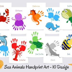 Meerestiere Handabdruck Art Bundle, Sommer Handabdruck, Aktivitätskarte Kinderzimmer, Kinder Baby Kleinkind Kind Handabdruck Kunst, DIY, Andenken