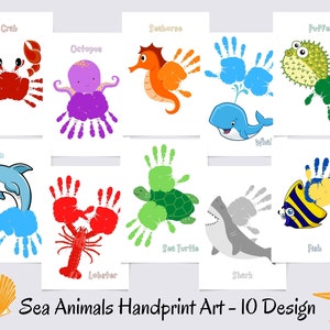 Sea Animals Handprint Art Bundle, Summer Handprint, Classroom Nursery Activity Card, Kids Baby Toddler Child Handprint Art, DIY, Keepsake