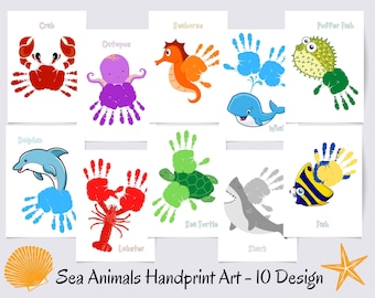 Sea Animals Handprint Art Bundle, Summer Handprint, Classroom Nursery Activity Card, Kids Baby Toddler Child Handprint Art, DIY, Keepsake
