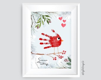 Christmas Handprint Art, Seasons Tweetings, Winter Cardinal Handprint Craft for Kids Baby Toddler, Memory Keepsake, DIY Card, Printable