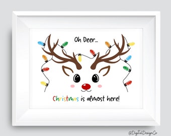 Christmas Light Fingerprint Art, Christmas Reindeer Fingerprint Craft for Kids Baby Toddler, Memory Keepsake, DIY Craft, Printable, Holiday