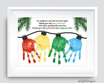 Christmas Lights Handprint Art Craft, Our Handprints Merry and Bright Poem, Light Handprint DIY Craft for Kids Baby Toddler, Keepsake, Gift
