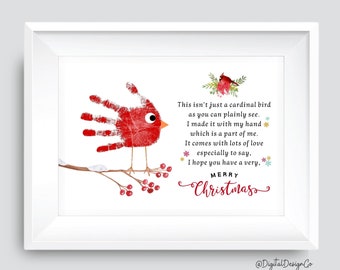 Christmas Handprint Art Craft, Winter, Poem, Cardinal Bird Handprint Craft for Kids Baby Toddler, Memory Keepsake, DIY Card, Printable