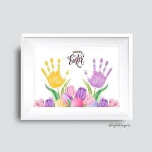 Ostern Handabdruck Kunst Handwerk, Frohe Ostern, Frühling, Ostereier, Tulpen Handabdruck Kunsthandwerk für Kinder Baby Kleinkind, Erinnerungsgeschenk, DIY Karte, druckbar