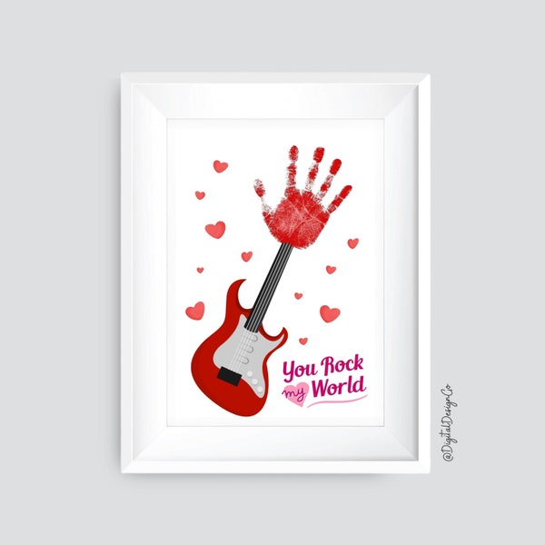 Valentinstag Handabdruck, You Rock My World, Gitarre Handprint Bastelzeug für Kinder Baby Kleinkind, Erinnerungsgeschenk, druckbar, Geschenk, DIY Karte