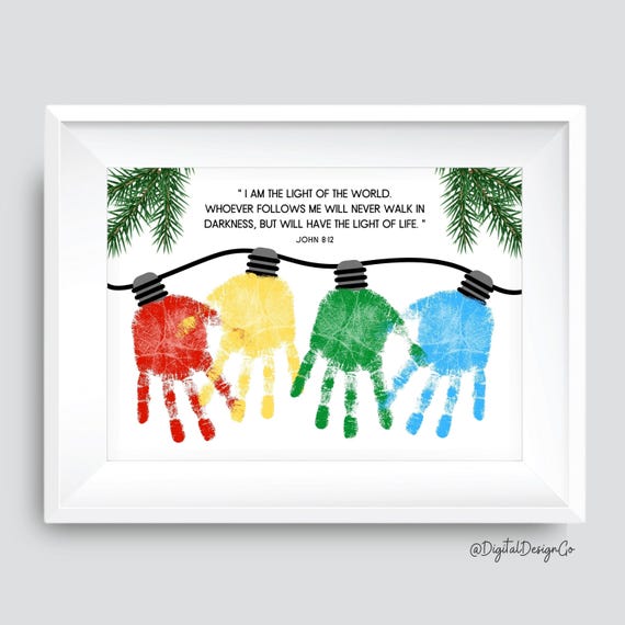Jesus Bible John 8:12 Christmas Handprint Art, I Am The Light, Light Handprint Craft for Kids Baby Toddler, Memory Keepsake, Printable, DIY