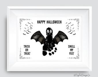 Halloween Footprint Art, Bat Footprint Craft, Trick or Treat Smell My Feet Footprint, Kids Baby Toddler, Memory Keepsake, DIY Card Printable
