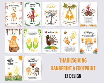 May include: A set of 12 Thanksgiving cards with handprint and footprint designs. The cards feature turkeys, pumpkins, and autumn leaves, with phrases such as "Gobble" and "Happy Thanksgiving!" These colourful cards are ideal for seasonal crafts.
