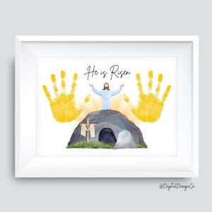He Is Risen Easter Sunday Handprint Art Craft, Kids Baby Toddler, DIY Keepsake, Easter Story, Preschool Sunday School Activity, Printable