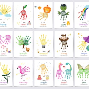 Paquete de 15 manualidades con huellas de manos inspiradoras y afirmativas, manualidades con huellas de manos para niños, felices, inteligentes, amables, valientes, para recordar, para hacer tú mismo, para imprimir
