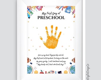 First Day of Preschool Handprint Art, Back to School Sign Handprint Craft, DIY Card