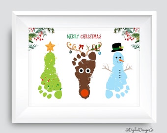 Christmas Footprint Art, Christmas Tree, Reindeer, Snowman Footprint Craft for Kids Baby Toddler, Gift, Memory Keepsake, DIY Card, Printable