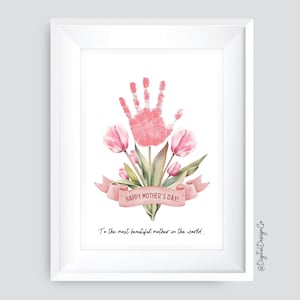 Moederdag bloem handafdruk kunst ambacht, tulp handafdruk kunst ambacht voor kinderen baby peuter, herinnering aandenken, doe-het-zelfkaart, afdrukbaar, cadeau voor moeder