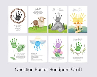 May include: A set of eight printable cards featuring handprint crafts for Easter. Each card has a different design, including a lamb, a cross, a stone, and a palm branch. The cards also include Bible verses related to Easter.