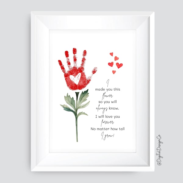 Flower Handprint Art Craft, Mothers Day Handprint Craft for Kids Baby Toddler, Memory Keepsake, DIY Card, Printable Gift for Mother, Poem