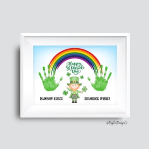 Rainbow Kisses Shamrock Wishes, Happy St Patricks Day Clover Handprint Art Craft para niños Baby Toddler, Memory Keepsake, DIY Card, Imprimible