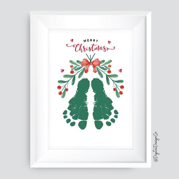 Merry Christmas Footprint Art, Mistletoe Footprint Craft for Kids Baby Toddler, Christmas Gift, Memory Keepsake, DIY Card, Printable Gift