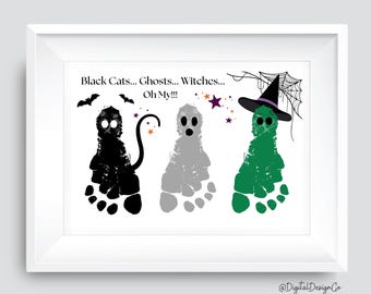 Halloween Craft, Black Cat Ghost Witch Footprint Art, Kids Baby Toddler, DIY Keepsake