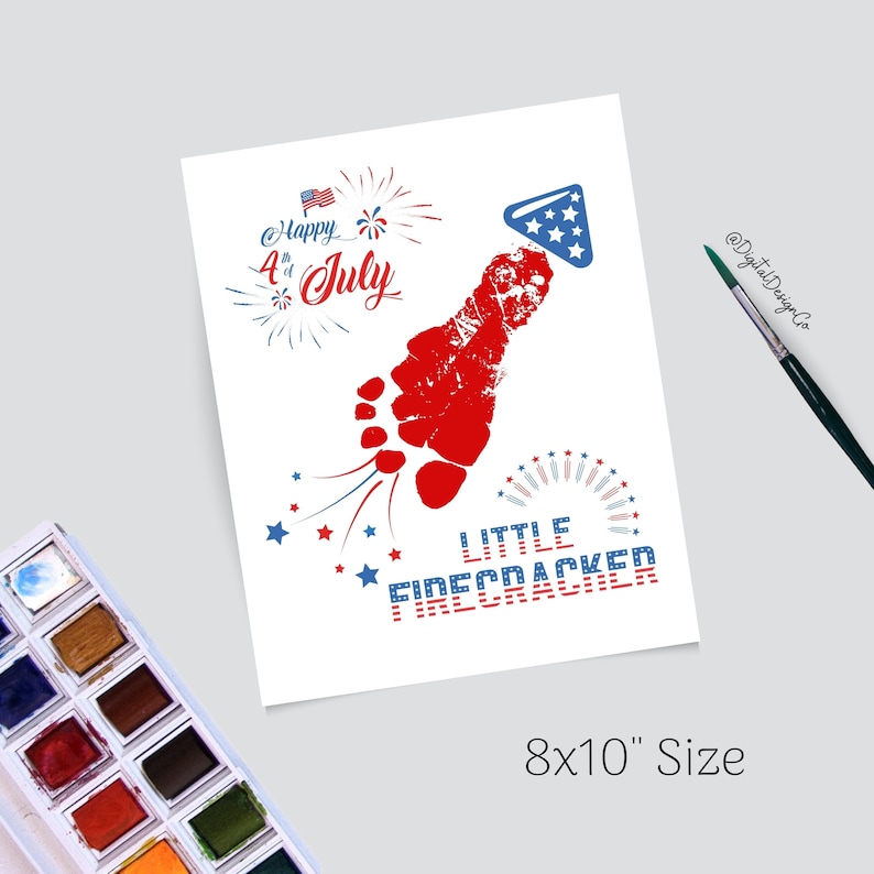 May include: A red and blue footprint with a firework trail and stars. The text "Happy 4th of July" and "Little Firecracker" are in red, white, and blue. The image is 8x10 inches.