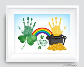 St Patrick's Day Handprint Art Craft, Rainbow Clover, Pot of Gold Handprint, Kids Baby