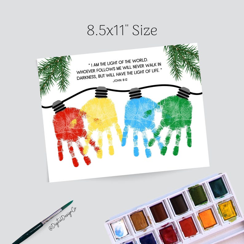 May include: A white print with the text "I AM THE LIGHT OF THE WORLD..." and handprint light bulbs in red, yellow, blue, and green. The print is 8.5x11 inches in size. A watercolor paint set and paintbrush are in the image.