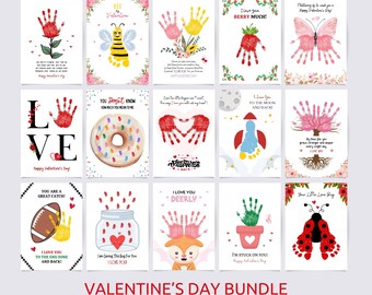May include: A set of 12 printable Valentine's Day cards featuring handprint art with various themes, including a bee, a donut, a rocket, a tree, a ladybug, a cactus, a jar, a football, and a strawberry. The cards are designed for children to create personalized Valentine's Day cards.