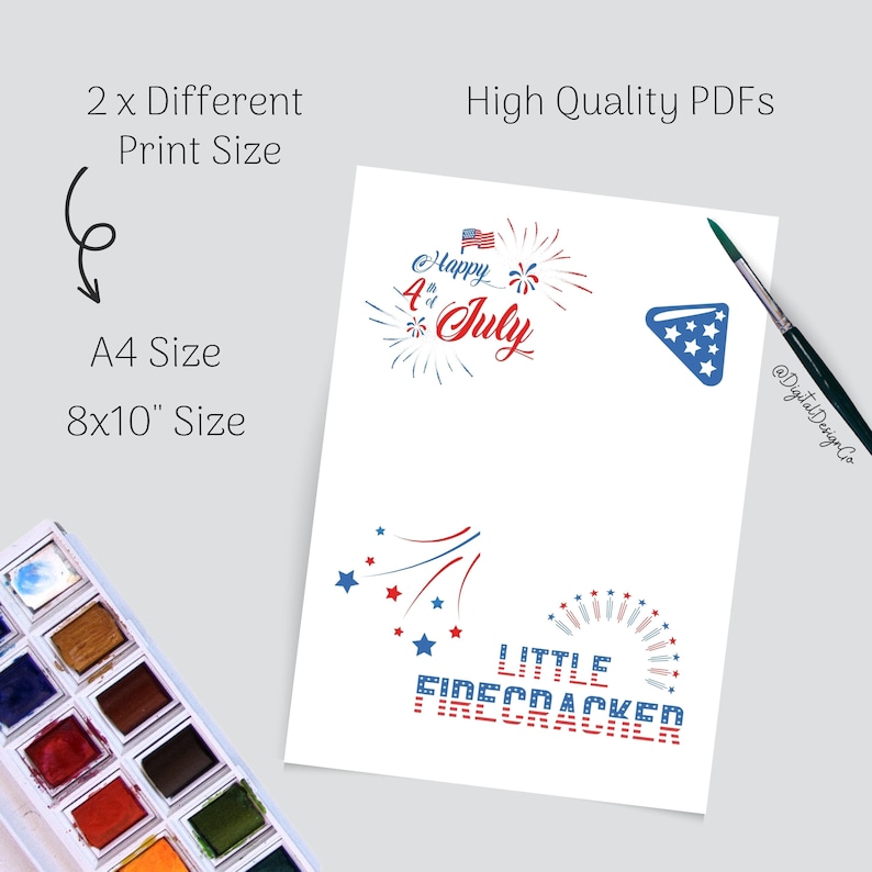 May include: Printable 4th of July designs in two sizes: 8x10 inches and A4. The designs feature red, white, and blue fireworks, stars, and the text "Happy 4th of July" and "Little Firecracker".
